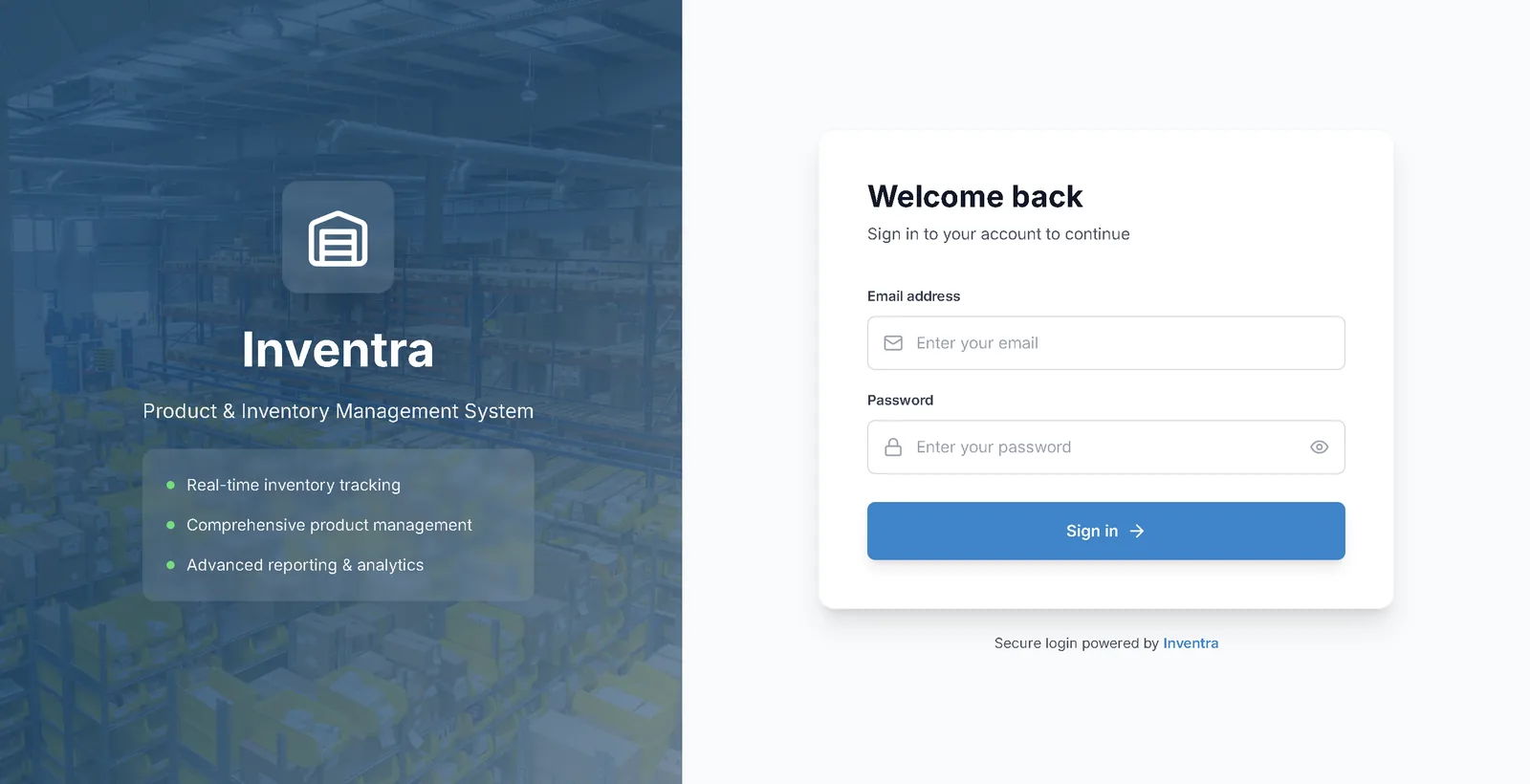 Inventra inventory management system sign-in interface
